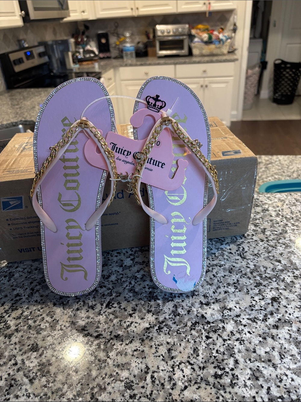 Juicy Couture Pink and Gold Logo Chain Flip Flops